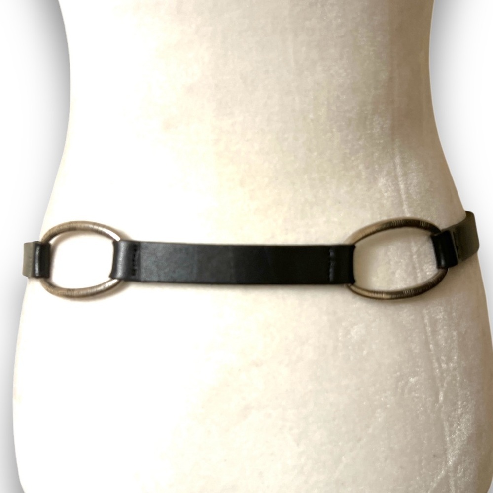 albatros belt black leather silver toned buckle & rings made in Italy EUC - Picture 2 of 6